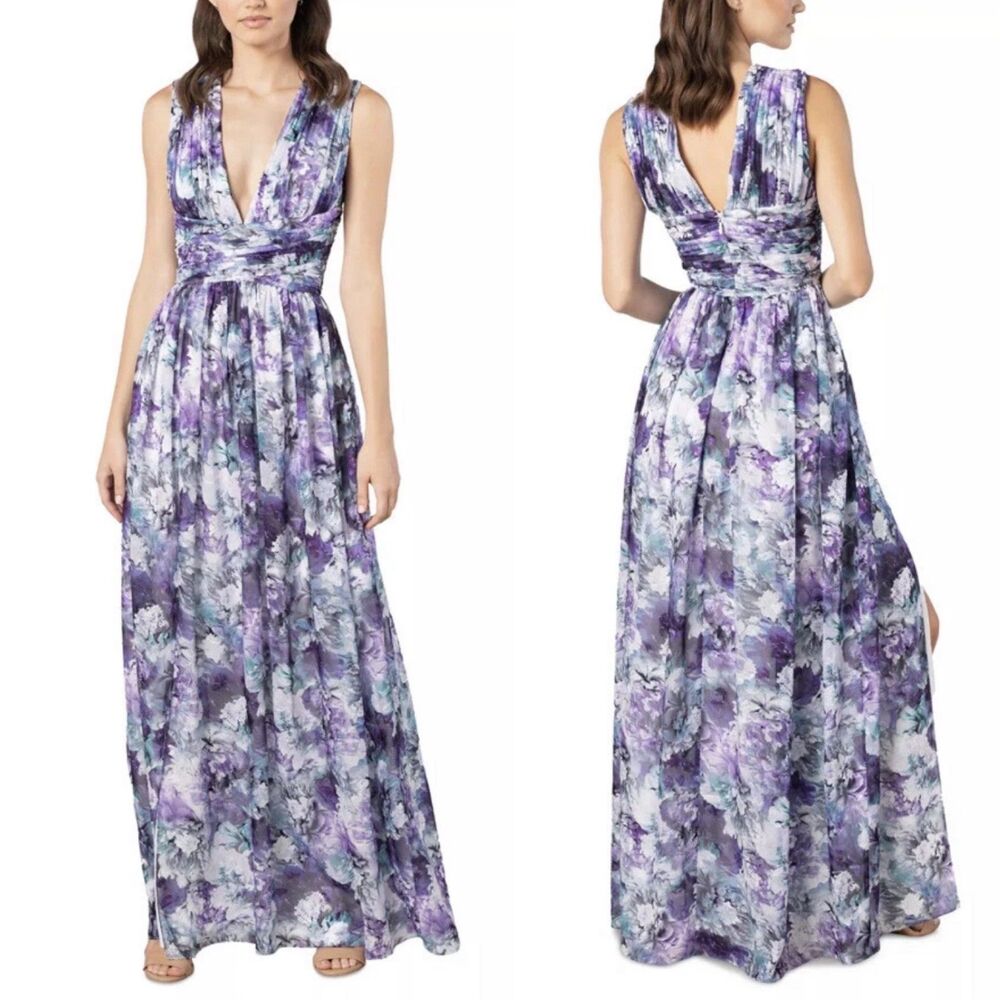 NWT DRESS THE POPULATION Jaclyn Pleated Purple Floral A-Line Gown Dress Women XS